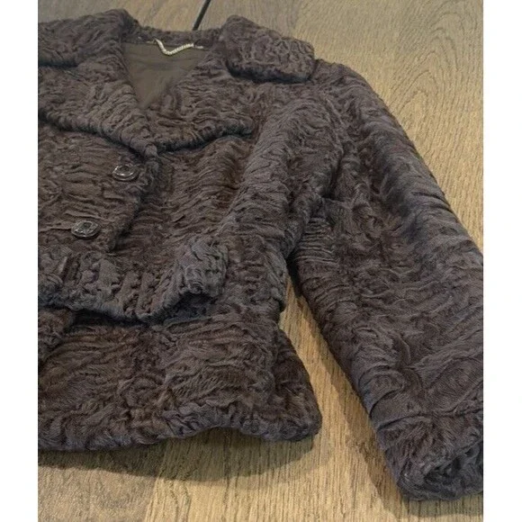 Swakara Karakul Persian Lamb Eco-Fur Coat Women’s S Brown Wood Buttons Buckle